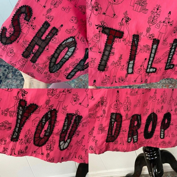 Vintage Pink Black Novelty Print Skirt Shop Till You Drop Sheer Spellout Size S - Picture 3 of 16